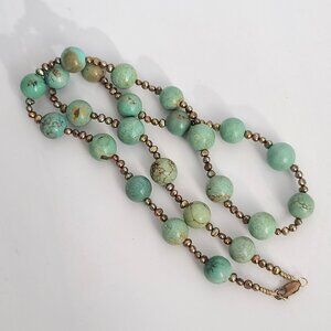 green turquoise beaded necklace w black freshwater pearls and gold filled clasp
